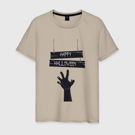 Мужская футболка хлопок с принтом Счастливого Хэллуина в Тюмени, 100% хлопок | прямой крой, круглый вырез горловины, длина до линии бедер, слегка спущенное плечо. | надпись | приздники | рисунок | рука | хэллуин