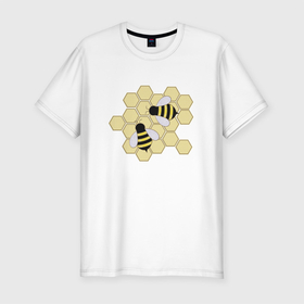 Мужская футболка хлопок Slim с принтом Пчелы рисунок в Екатеринбурге, 92% хлопок, 8% лайкра | приталенный силуэт, круглый вырез ворота, длина до линии бедра, короткий рукав | иллюстрация | мед | насекомые | полосатые | пчелы | рисунок | соты