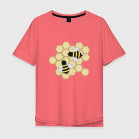 Мужская футболка хлопок Oversize с принтом Пчелы рисунок в Тюмени, 100% хлопок | свободный крой, круглый ворот, “спинка” длиннее передней части | Тематика изображения на принте: иллюстрация | мед | насекомые | полосатые | пчелы | рисунок | соты
