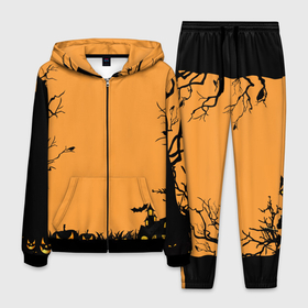 Мужской костюм 3D с принтом Orange Halloween TRD в Курске, 100% полиэстер | Манжеты и пояс оформлены тканевой резинкой, двухслойный капюшон со шнурком для регулировки, карманы спереди | Тематика изображения на принте: branches | crow | ghosts | halloween | holiday | monsters | pumpkin | trees | ветки | ворона | деревья | монстры | праздник | привидения | тыква | хэллоуин