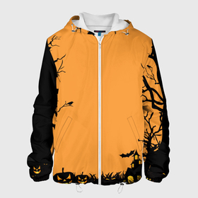 Мужская куртка 3D с принтом Orange Halloween TRD в Тюмени, ткань верха — 100% полиэстер, подклад — флис | прямой крой, подол и капюшон оформлены резинкой с фиксаторами, два кармана без застежек по бокам, один большой потайной карман на груди. Карман на груди застегивается на липучку | branches | crow | ghosts | halloween | holiday | monsters | pumpkin | trees | ветки | ворона | деревья | монстры | праздник | привидения | тыква | хэллоуин