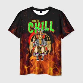 Мужская футболка 3D с принтом Time to chill in fire в Санкт-Петербурге, 100% полиэфир | прямой крой, круглый вырез горловины, длина до линии бедер | демон | дьявол | кеды | огонь | очки | чер