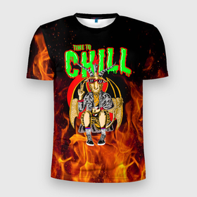 Мужская футболка 3D Slim с принтом Time to chill in fire в Кировске, 100% полиэстер с улучшенными характеристиками | приталенный силуэт, круглая горловина, широкие плечи, сужается к линии бедра | демон | дьявол | кеды | огонь | очки | чер