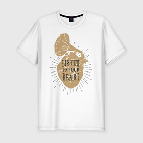 Мужская футболка хлопок Slim с принтом Сердце граммофон в Екатеринбурге, 92% хлопок, 8% лайкра | приталенный силуэт, круглый вырез ворота, длина до линии бедра, короткий рукав | Тематика изображения на принте: граммофон | линия | лучи | музыка | сердце | список