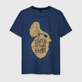 Мужская футболка хлопок с принтом Сердце граммофон в Екатеринбурге, 100% хлопок | прямой крой, круглый вырез горловины, длина до линии бедер, слегка спущенное плечо. | граммофон | линия | лучи | музыка | сердце | список