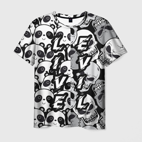 Мужская футболка 3D с принтом LivEvil в Новосибирске, 100% полиэфир | прямой крой, круглый вырез горловины, длина до линии бедер | animals | black and white | evil | life | panda | popular print | skeleton | skull | top | trend | животные | жить | зло | панда | популярный принт | скилет | топ | тренд | череп | черно белый