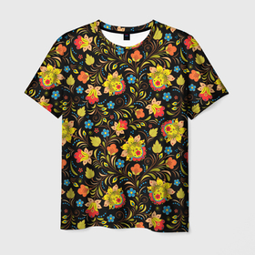 Мужская футболка 3D с принтом Хохломa , 100% полиэфир | прямой крой, круглый вырез горловины, длина до линии бедер | art | flowers | holoma | oldschool | листья | рисунок | роспись | холома | цветы