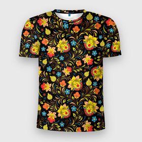 Мужская футболка 3D Slim с принтом Хохломa , 100% полиэстер с улучшенными характеристиками | приталенный силуэт, круглая горловина, широкие плечи, сужается к линии бедра | art | flowers | holoma | oldschool | листья | рисунок | роспись | холома | цветы