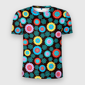 Мужская футболка 3D Slim с принтом Flоwers в Санкт-Петербурге, 100% полиэстер с улучшенными характеристиками | приталенный силуэт, круглая горловина, широкие плечи, сужается к линии бедра | colour | flowers | texture | разноцветные | текстура | цветы