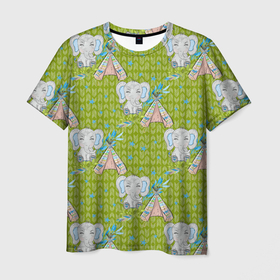Мужская футболка 3D с принтом Слоник и вигвам в Белгороде, 100% полиэфир | прямой крой, круглый вырез горловины, длина до линии бедер | Тематика изображения на принте: вигвам | индеец | слон | слоненок | слоник