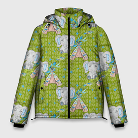 Мужская зимняя куртка 3D с принтом Слоник и вигвам в Курске, верх — 100% полиэстер; подкладка — 100% полиэстер; утеплитель — 100% полиэстер | длина ниже бедра, свободный силуэт Оверсайз. Есть воротник-стойка, отстегивающийся капюшон и ветрозащитная планка. 

Боковые карманы с листочкой на кнопках и внутренний карман на молнии. | Тематика изображения на принте: вигвам | индеец | слон | слоненок | слоник