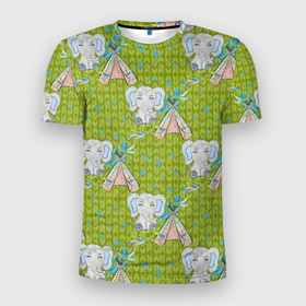 Мужская футболка 3D Slim с принтом Слоник и вигвам , 100% полиэстер с улучшенными характеристиками | приталенный силуэт, круглая горловина, широкие плечи, сужается к линии бедра | Тематика изображения на принте: вигвам | индеец | слон | слоненок | слоник