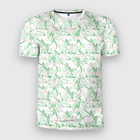 Мужская футболка 3D Slim с принтом Весенние узоры из листьев , 100% полиэстер с улучшенными характеристиками | приталенный силуэт, круглая горловина, широкие плечи, сужается к линии бедра | Тематика изображения на принте: весна | лето | листья | растения | цветы