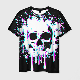 Мужская футболка 3D с принтом Мерцающий череп в Белгороде, 100% полиэфир | прямой крой, круглый вырез горловины, длина до линии бедер | day of the dead | drops | flowing | halloween | happy halloween | holiday | shimmering skull | splashes | брызги | день мертвых | капли | мерцающий череп | праздник | течет | хэллоуин