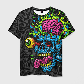 Мужская футболка 3D с принтом Взрыв мозгов в Тюмени, 100% полиэфир | прямой крой, круглый вырез горловины, длина до линии бедер | blue skull | brain explosion | day of the dead | halloween | happy halloween | holiday | shards | splashes | zombies | брызги | взрыв мозгов | день мертвых | зомби | осколки | праздник | синий череп | хэллоуин