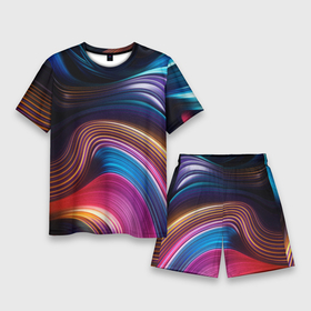 Мужской костюм с шортами 3D с принтом Цветные неоновые волны ,  |  | colorful waves | digital art | neon stripes | rainbow | абстракция | волны красок | неоновые волны | неоновый узор | цветные волны | цветные полосы