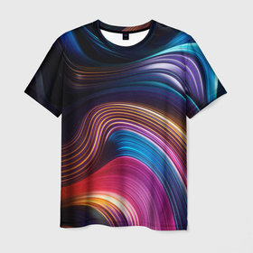 Мужская футболка 3D с принтом Цветные неоновые волны в Кировске, 100% полиэфир | прямой крой, круглый вырез горловины, длина до линии бедер | colorful waves | digital art | neon stripes | rainbow | абстракция | волны красок | неоновые волны | неоновый узор | цветные волны | цветные полосы