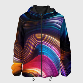 Мужская куртка 3D с принтом Цветные неоновые волны , ткань верха — 100% полиэстер, подклад — флис | прямой крой, подол и капюшон оформлены резинкой с фиксаторами, два кармана без застежек по бокам, один большой потайной карман на груди. Карман на груди застегивается на липучку | colorful waves | digital art | neon stripes | rainbow | абстракция | волны красок | неоновые волны | неоновый узор | цветные волны | цветные полосы