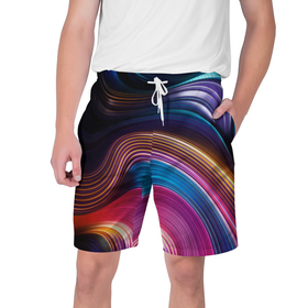 Мужские шорты 3D с принтом Цветные неоновые волны в Белгороде,  полиэстер 100% | прямой крой, два кармана без застежек по бокам. Мягкая трикотажная резинка на поясе, внутри которой широкие завязки. Длина чуть выше колен | colorful waves | digital art | neon stripes | rainbow | абстракция | волны красок | неоновые волны | неоновый узор | цветные волны | цветные полосы
