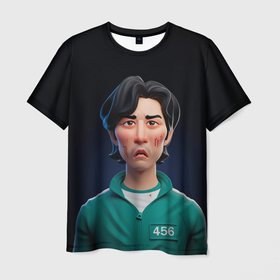 Мужская футболка 3D с принтом Сон Ги Хун в Екатеринбурге, 100% полиэфир | прямой крой, круглый вырез горловины, длина до линии бедер | squid game | игра в кальмара | игра на выживание | сериал | сериалы