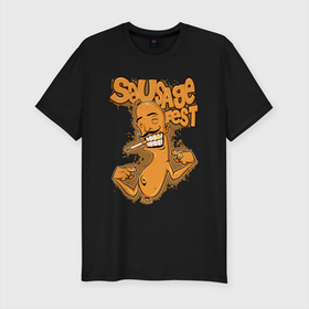 Мужская футболка хлопок Slim с принтом Cartoon  sausage в Тюмени, 92% хлопок, 8% лайкра | приталенный силуэт, круглый вырез ворота, длина до линии бедра, короткий рукав | cartoon | sausage | графити | мультик | сосиска