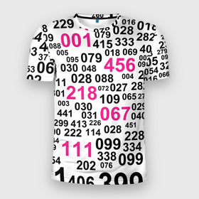 Мужская футболка 3D Slim с принтом ИГРА В КАЛЬМАРА, ЧИСЛА ИГРОКОВ (БЕЛЫЙ) в Белгороде, 100% полиэстер с улучшенными характеристиками | приталенный силуэт, круглая горловина, широкие плечи, сужается к линии бедра | 001 | 067 | 456 | netflix | ojingeo geim | squid game | ведущий | игра | игра в кальмара | квадрат | круг | надзиратель | нетфликс | распорядитель | сериал | стражи | треугольник