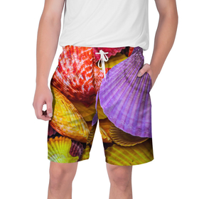 Мужские шорты 3D с принтом Разноцветные ракушки  multicolored seashells в Тюмени,  полиэстер 100% | прямой крой, два кармана без застежек по бокам. Мягкая трикотажная резинка на поясе, внутри которой широкие завязки. Длина чуть выше колен | Тематика изображения на принте: holiday | multicolored seashells | sea | sea house | summer | лагуна | лето | моллюск | море | морская тема | морские обитатели | морские ракушки | морской пляж | океан | отпуск | перламутр | пляж | подводный мир
