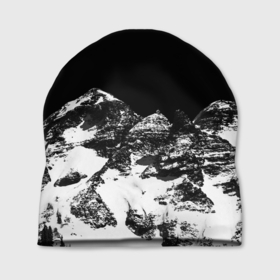 Шапка 3D с принтом ГОРЫ Ч Б в Тюмени, 100% полиэстер | универсальный размер, печать по всей поверхности изделия | black | dark | mounting | night | white | белый | вершина | горы | ночь | природа | снег | фильтр | хребет | черный