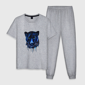 Мужская пижама хлопок с принтом Голова пантеры потекшая краска в Петрозаводске, 100% хлопок | брюки и футболка прямого кроя, без карманов, на брюках мягкая резинка на поясе и по низу штанин
 | black panther | blue cat | drawn cat | большая кошка | дикая кошка | зверь | зеленые глаза | красивая кошка | синяя пантера | черная пантера