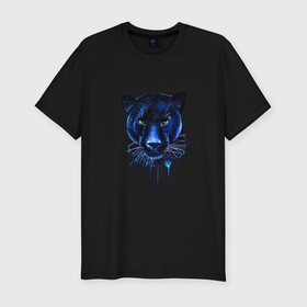 Мужская футболка хлопок Slim с принтом Голова пантеры потекшая краска в Петрозаводске, 92% хлопок, 8% лайкра | приталенный силуэт, круглый вырез ворота, длина до линии бедра, короткий рукав | black panther | blue cat | drawn cat | большая кошка | дикая кошка | зверь | зеленые глаза | красивая кошка | синяя пантера | черная пантера