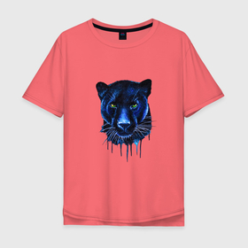 Мужская футболка хлопок Oversize с принтом Голова пантеры потекшая краска в Петрозаводске, 100% хлопок | свободный крой, круглый ворот, “спинка” длиннее передней части | Тематика изображения на принте: black panther | blue cat | drawn cat | большая кошка | дикая кошка | зверь | зеленые глаза | красивая кошка | синяя пантера | черная пантера