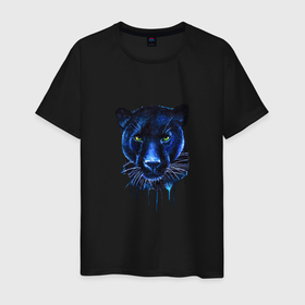 Мужская футболка хлопок с принтом Голова пантеры потекшая краска в Белгороде, 100% хлопок | прямой крой, круглый вырез горловины, длина до линии бедер, слегка спущенное плечо. | black panther | blue cat | drawn cat | большая кошка | дикая кошка | зверь | зеленые глаза | красивая кошка | синяя пантера | черная пантера