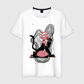 Мужская футболка хлопок с принтом Halloween devil kitty girl 2021 в Кировске, 100% хлопок | прямой крой, круглый вырез горловины, длина до линии бедер, слегка спущенное плечо. | котенок | милый | страшный | хеллоуин | чертик