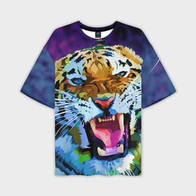 Мужская футболка OVERSIZE 3D с принтом Рычащий Шархан в Петрозаводске,  |  | 2022 | evil face | growling | new year | pop art | predator | tiger | year of the tiger | год тигра | новый год | поп арт | рычащий | тигр | хищник