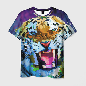 Мужская футболка 3D с принтом Рычащий Шархан в Петрозаводске, 100% полиэфир | прямой крой, круглый вырез горловины, длина до линии бедер | 2022 | evil face | growling | new year | pop art | predator | tiger | year of the tiger | год тигра | новый год | поп арт | рычащий | тигр | хищник