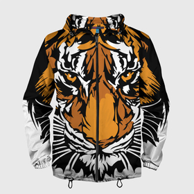 Мужская ветровка 3D с принтом Взгляд хозяина джунглей в Екатеринбурге, 100% полиэстер | подол и капюшон оформлены резинкой с фиксаторами, два кармана без застежек по бокам, один потайной карман на груди | 2022 | african | direct look | master of the jungle | muzzle | new year | predator | tiger | year of the tiger | африканский | год тигра | новый год | прямой взгляд | тигр | хищник | хозяин джунглей