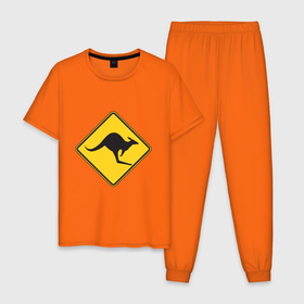 Мужская пижама хлопок с принтом Кенгуру DANGER 2   3D в Новосибирске, 100% хлопок | брюки и футболка прямого кроя, без карманов, на брюках мягкая резинка на поясе и по низу штанин
 | 3d | danger | желтый | кенгуру | опасный знак
