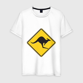 Мужская футболка хлопок с принтом Кенгуру DANGER 2   3D в Курске, 100% хлопок | прямой крой, круглый вырез горловины, длина до линии бедер, слегка спущенное плечо. | Тематика изображения на принте: 3d | danger | желтый | кенгуру | опасный знак