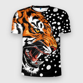 Мужская футболка 3D спортивная с принтом Амурский тигр и снегопад в Новосибирске, 100% полиэстер с улучшенными характеристиками | приталенный силуэт, круглая горловина, широкие плечи, сужается к линии бедра | 2022 | amur tiger | beast | grin | new year | night | open mouth | predator | profile | snowfall | winter | year of the tiger | амурский тигр | год тигра | зверь | зима | новый год | ночь | оскал | открытая пасть | профиль | снегопад | хищник