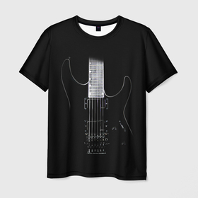Мужская футболка 3D с принтом ЧЕРНАЯ ЭЛЕКТРОГИТАРА в Санкт-Петербурге, 100% полиэфир | прямой крой, круглый вырез горловины, длина до линии бедер | black | dark | guitar | music | rock | гибсон | гитара | гриф | лады | музыка | рок | струны | черный | электрогитара