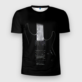 Мужская футболка 3D Slim с принтом ЧЕРНАЯ ЭЛЕКТРОГИТАРА в Петрозаводске, 100% полиэстер с улучшенными характеристиками | приталенный силуэт, круглая горловина, широкие плечи, сужается к линии бедра | black | dark | guitar | music | rock | гибсон | гитара | гриф | лады | музыка | рок | струны | черный | электрогитара