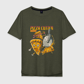 Мужская футболка хлопок Oversize с принтом Pizza Cutter Terror в Петрозаводске, 100% хлопок | свободный крой, круглый ворот, “спинка” длиннее передней части | art | cutter | food | knife | ninja | pizza | арт | еда | ниндзя | нож | пицца | резак