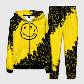 Мужской костюм 3D с принтом Nirvana Smile | Нирвана Рваный Паттерн в Петрозаводске, 100% полиэстер | Манжеты и пояс оформлены тканевой резинкой, двухслойный капюшон со шнурком для регулировки, карманы спереди | Тематика изображения на принте: album | curt | grunge | kobain | logo | music | nevermind | nirvana | pattern | rock | smells like | smile | teen spirit | альбом | брызги | гитара | гранж | курт кобейн | логотип | музыка | невермайнд | нирвана | паттерн | потертости | рок | сма