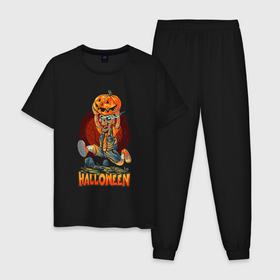 Мужская пижама хлопок с принтом Halloween в Белгороде, 100% хлопок | брюки и футболка прямого кроя, без карманов, на брюках мягкая резинка на поясе и по низу штанин
 | art | cemetery | could | halloween | moon | night | pumpkin | skeleton | skull | арт | кладбище | луна | могла | ночь | скелет | тыква | хэллоуин | хэлуин | череп
