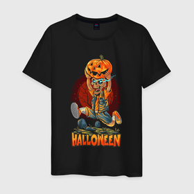 Мужская футболка хлопок с принтом Halloween , 100% хлопок | прямой крой, круглый вырез горловины, длина до линии бедер, слегка спущенное плечо. | art | cemetery | could | halloween | moon | night | pumpkin | skeleton | skull | арт | кладбище | луна | могла | ночь | скелет | тыква | хэллоуин | хэлуин | череп