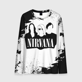 Мужской лонгслив 3D с принтом Нирвана Рок Группа Гранж ЧБ | Nirvana в Белгороде, 100% полиэстер | длинные рукава, круглый вырез горловины, полуприлегающий силуэт | album | curt | group | grunge | kobain | logo | music | nevermind | nirvana | pattern | rock | smells like | smile | teen spirit | альбом | брызги | гитара | гранж | группа | курт кобейн | логотип | музыка | невермайнд | нирвана | паттерн | потер