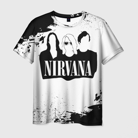 Мужская футболка 3D с принтом Нирвана Рок Группа Гранж ЧБ | Nirvana в Санкт-Петербурге, 100% полиэфир | прямой крой, круглый вырез горловины, длина до линии бедер | Тематика изображения на принте: album | curt | group | grunge | kobain | logo | music | nevermind | nirvana | pattern | rock | smells like | smile | teen spirit | альбом | брызги | гитара | гранж | группа | курт кобейн | логотип | музыка | невермайнд | нирвана | паттерн | потер