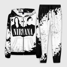 Мужской костюм 3D с принтом Нирвана Рок Группа Гранж ЧБ | Nirvana в Белгороде, 100% полиэстер | Манжеты и пояс оформлены тканевой резинкой, двухслойный капюшон со шнурком для регулировки, карманы спереди | album | curt | group | grunge | kobain | logo | music | nevermind | nirvana | pattern | rock | smells like | smile | teen spirit | альбом | брызги | гитара | гранж | группа | курт кобейн | логотип | музыка | невермайнд | нирвана | паттерн | потер