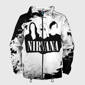 Мужская ветровка 3D с принтом Нирвана Рок Группа Гранж ЧБ | Nirvana в Курске, 100% полиэстер | подол и капюшон оформлены резинкой с фиксаторами, два кармана без застежек по бокам, один потайной карман на груди | album | curt | group | grunge | kobain | logo | music | nevermind | nirvana | pattern | rock | smells like | smile | teen spirit | альбом | брызги | гитара | гранж | группа | курт кобейн | логотип | музыка | невермайнд | нирвана | паттерн | потер