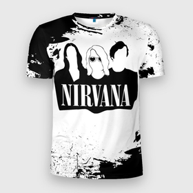 Мужская футболка 3D Slim с принтом Нирвана Рок Группа Гранж ЧБ | Nirvana в Тюмени, 100% полиэстер с улучшенными характеристиками | приталенный силуэт, круглая горловина, широкие плечи, сужается к линии бедра | Тематика изображения на принте: album | curt | group | grunge | kobain | logo | music | nevermind | nirvana | pattern | rock | smells like | smile | teen spirit | альбом | брызги | гитара | гранж | группа | курт кобейн | логотип | музыка | невермайнд | нирвана | паттерн | потер